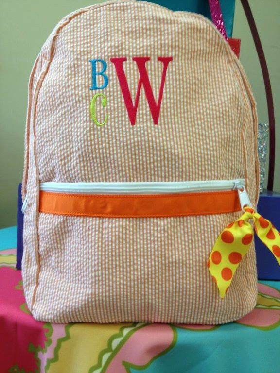 Large Orange Seersucker Backpack: Stacked Colorful Monogram