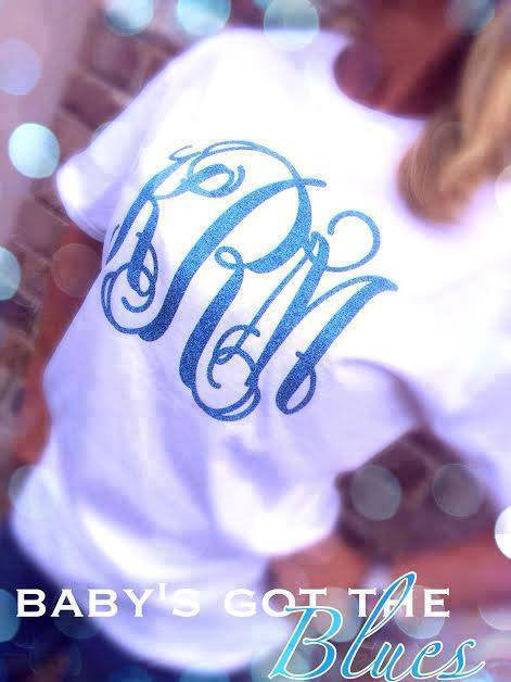 Classic Monogram Short Sleeve T-shirt: White/ Blue Glitter