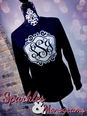 Monogram Long Sleeve Shirt: Black/ Silver Glitter