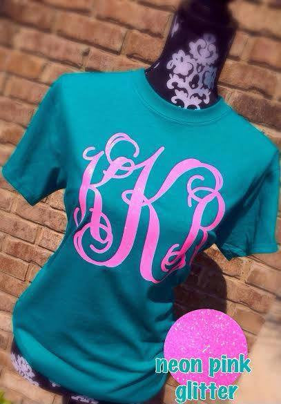 Classic Monogram Short Sleeve T-shirt: Teal / Neon Pink Glitter