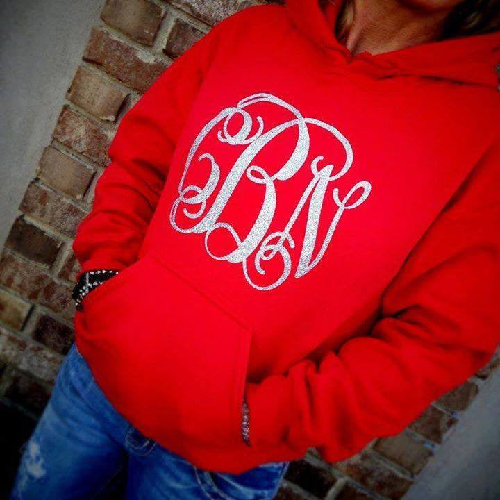 Monogram Hoodie: Red/ Silver Glitter