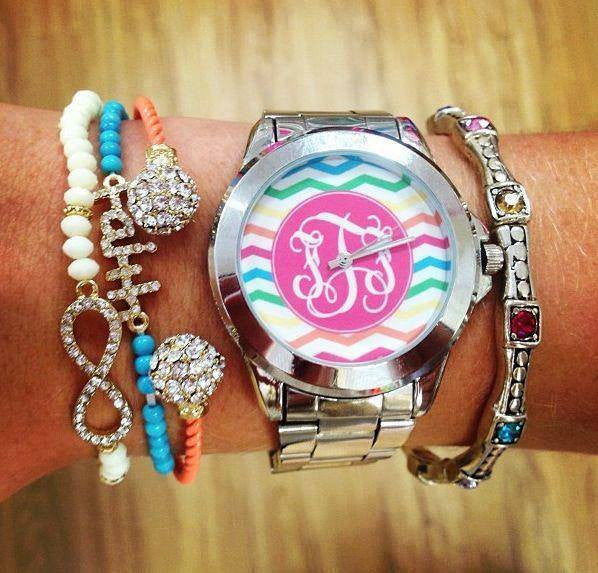 Chevron Monogram Watch: Colorful/Pink Center