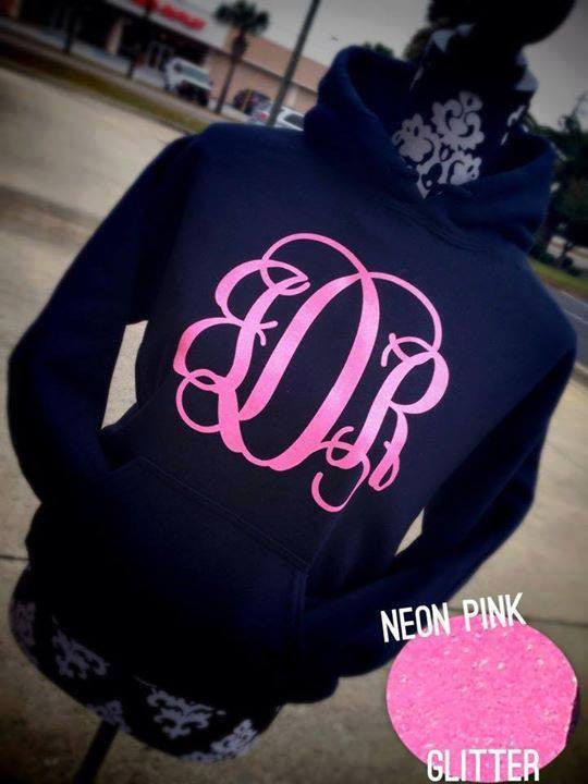 Monogram Hoodie: Navy/ Neon Pink Glitter