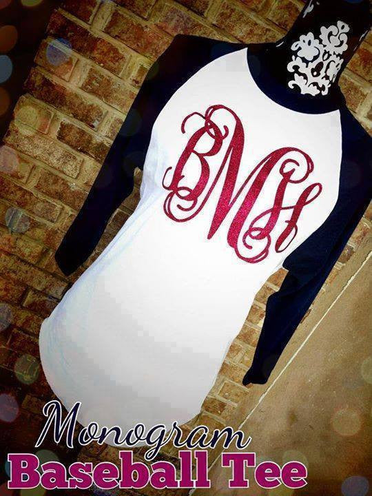 Monogram Baseball Tee: Navy & White/ Cherry Pink Glitter