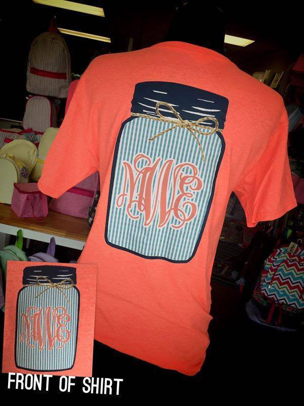 Mason Jar Monogram Tshirt/ Neon Coral