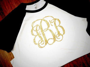 Monogram Baseball Tee: Black & White/ Gold Glitter