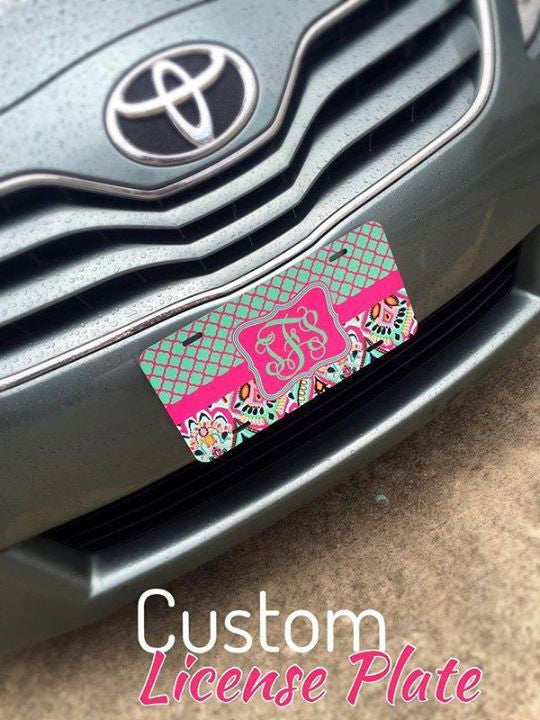 License Plate: Green & Pink Paisley