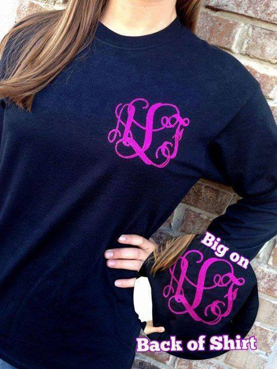 Monogram Front & Back Long Sleeve Shirt: Black/ Hot Pink Glitter