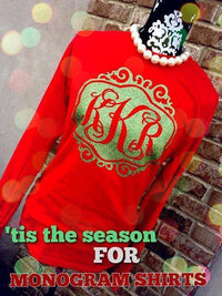 Monogram Long Sleeve Shirt: Red/ Lime Glitter