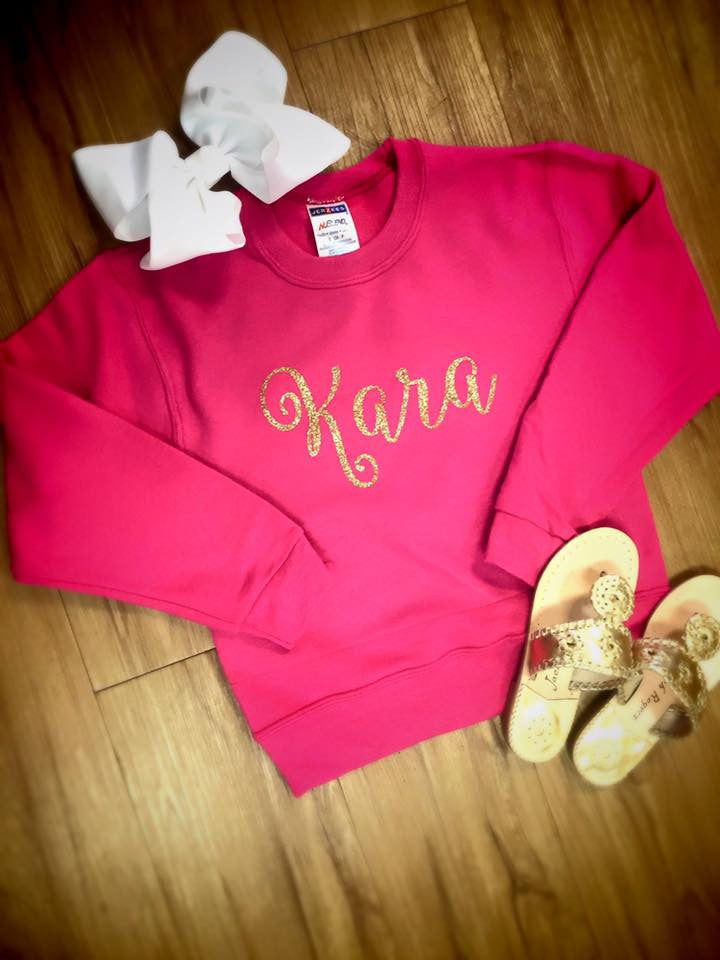 MINI-MONOGRAMS- Hot Pink Sweatshirt: Name/Gold Glitter