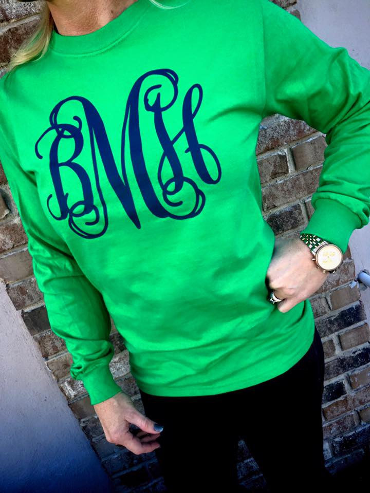 GREEN WITH ENVY Monogram Long Sleeve Shirt: Kelly Green/Matte Navy
