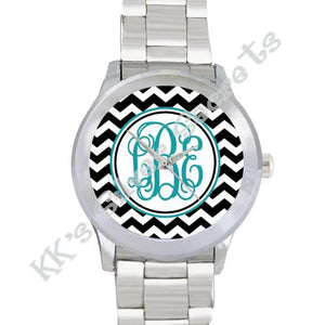 Chevron Watch: Black/ White with Turquoise Circle & Initial