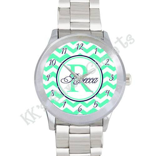 Lime Green Chevron Watch Name w/ Numbers: Navy