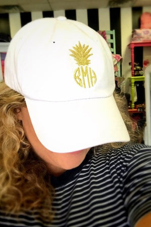 Gold Pineapple Monogram Hat: White