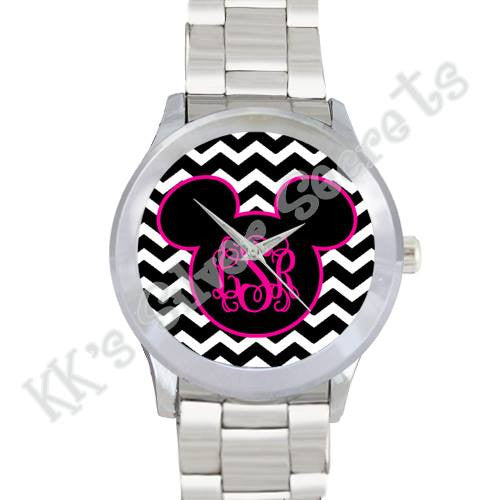 Black/ White Chevron Mickey Head Watch: Pink