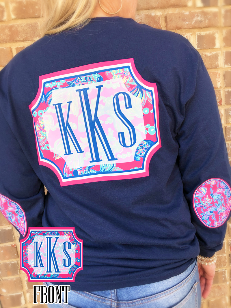 Coastal Catch Elbow Patch Long Sleeved Tee: Navy/ Pink