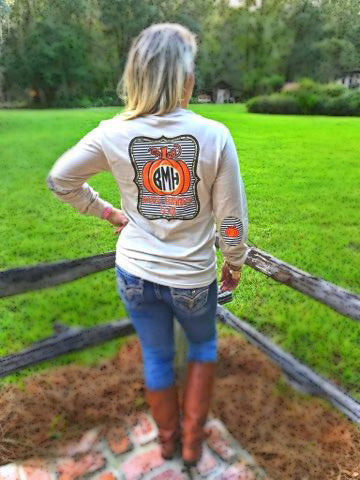 Give Thanks Yall Monogram Elbow Patch Long Sleeve Shirt: Sand/Chocolate Brown/Orange