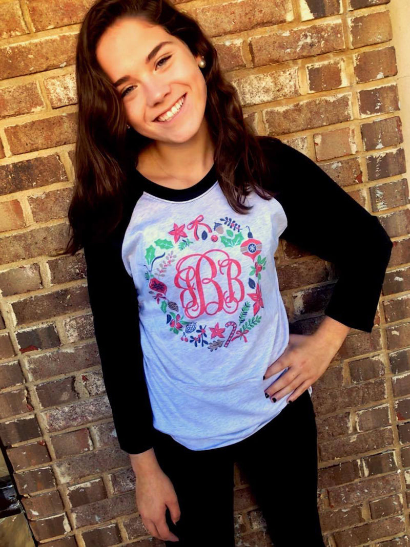 Christmas Spirit Monogram Raglan: Heather Black