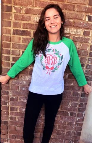 Holly Wreath Monogram Raglan: Christmas Green