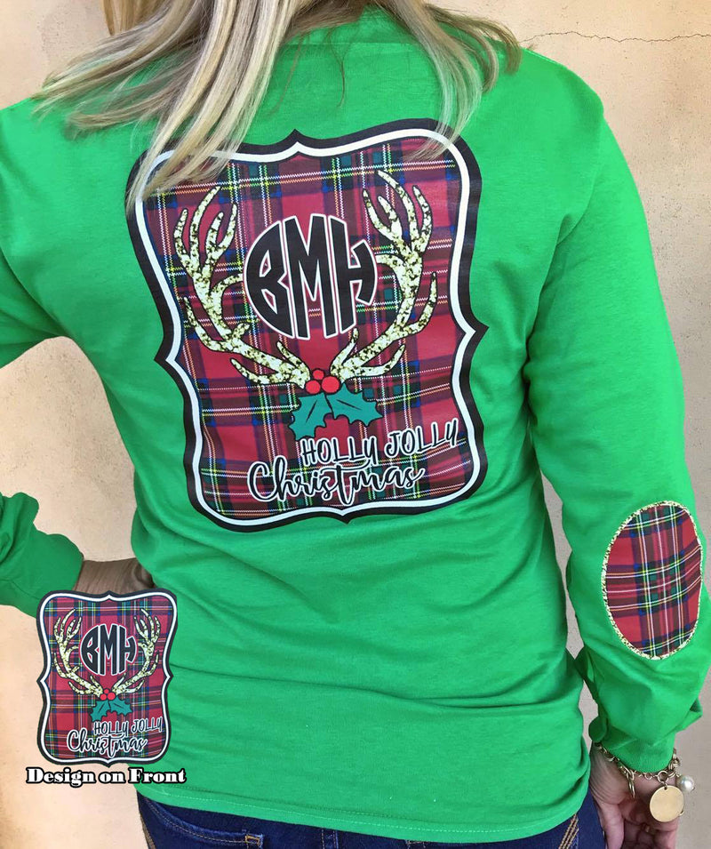 Holly Jolly Christmas Monogram Tee: Green/Christmas Plaid
