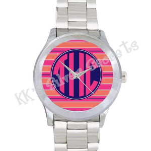 Stripe Monogram Watch: Orange/ Pink/ Navy Circle