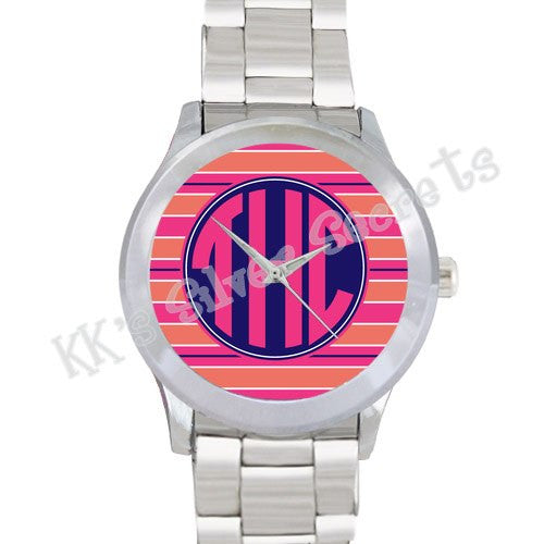 Stripe Monogram Watch: Orange/ Pink/ Navy Circle