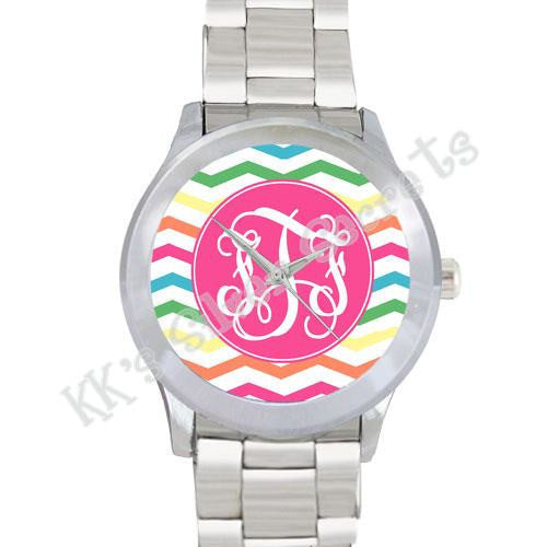 Chevron Monogram Watch: Colorful/Pink Center