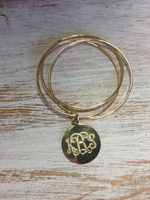 24K Yellow Gold Three Cursive Monogram KK Font Initials Bracelet