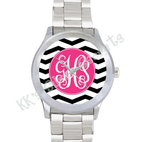 Black/ White Chevron Watch: Pink/ Vine