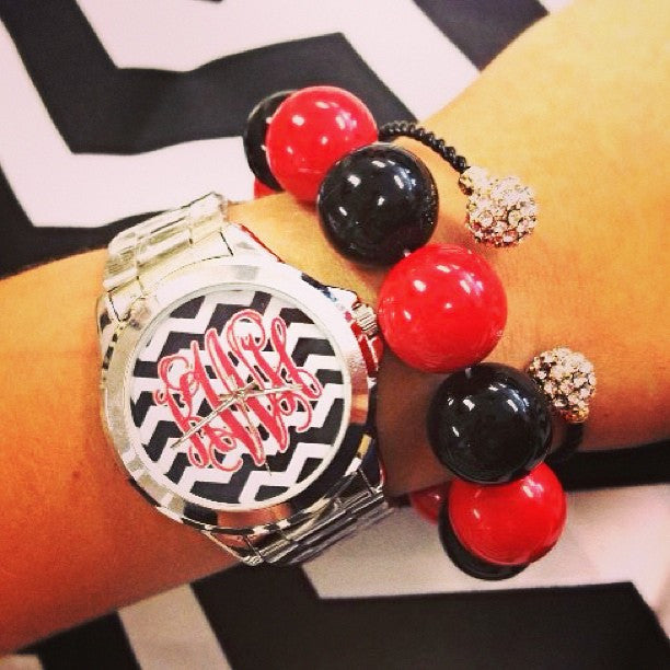 Chevron Watch: Black/ White with Red Initials