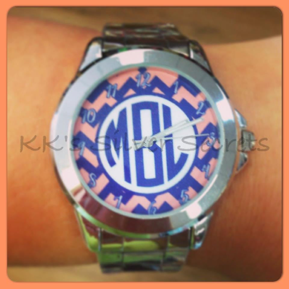 Chevron Monogram Watch: Royal Blue/ Peach