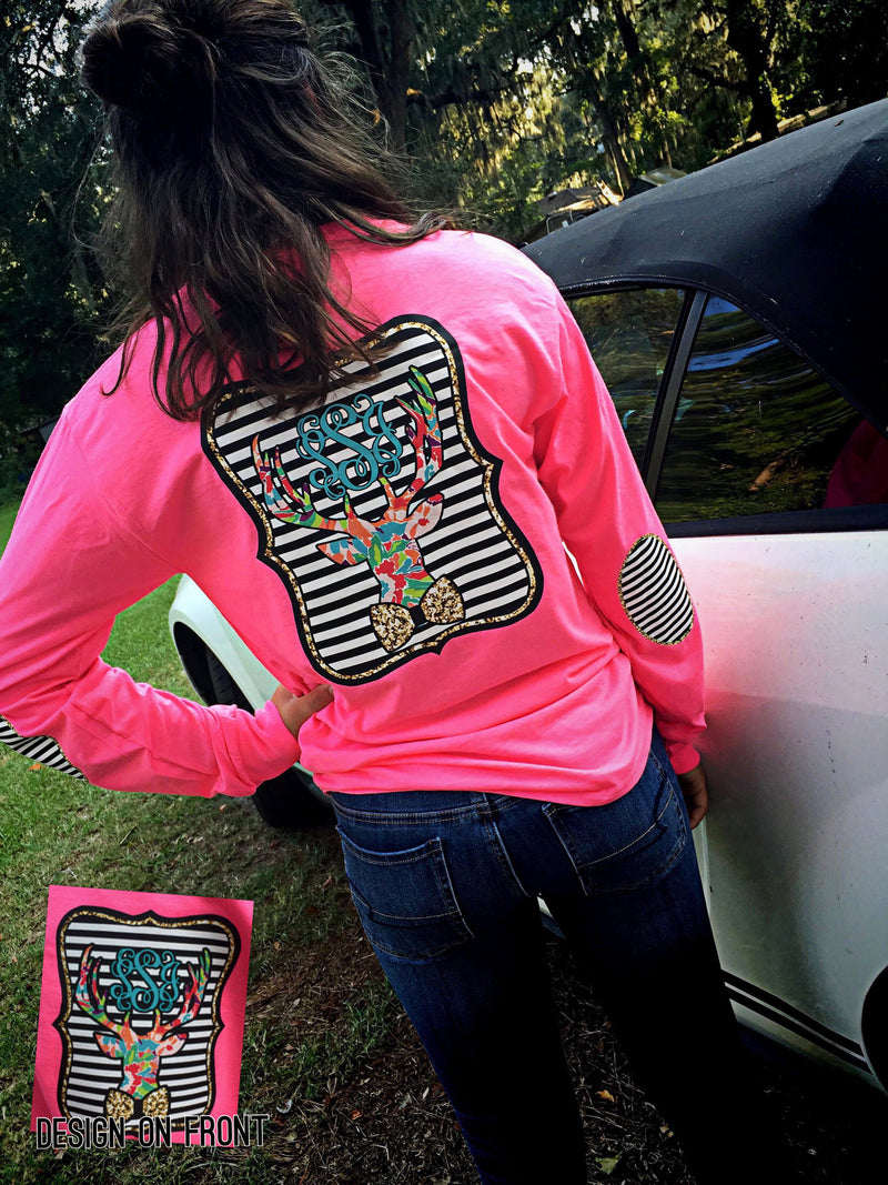 Glam Deer Elbow Patch Long Sleeve Shirt: Hot Pink/Gold Glitter