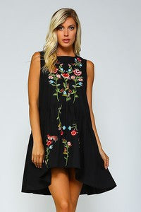 Sleeveless Black Embroidered Flower Tunic