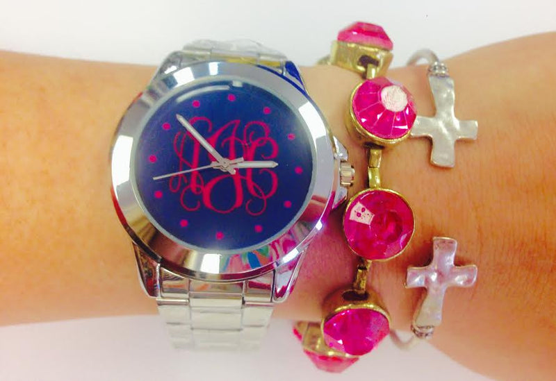 Navy Face Watch: Vine/ Hot Pink w/ Dots