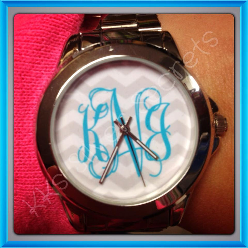 Monogram Chevron Watch: Grey/ Aqua