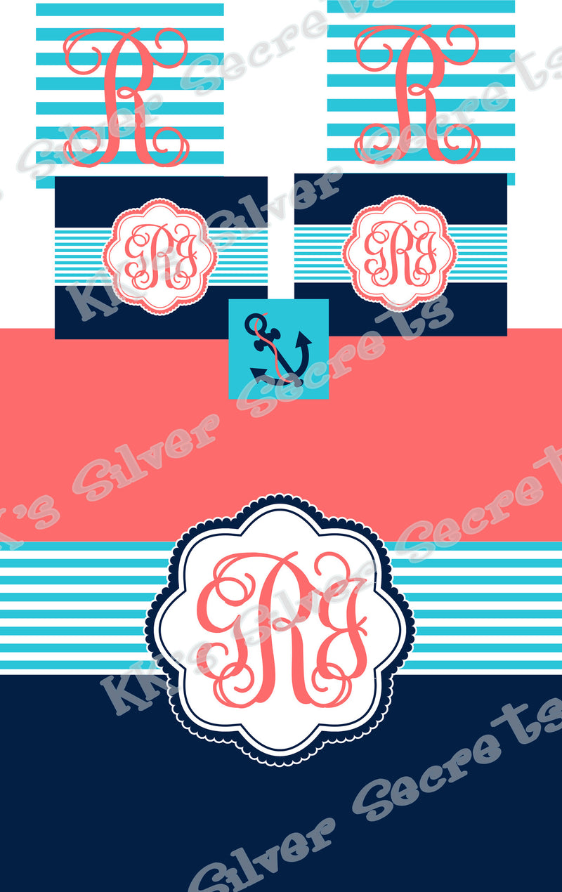 KK's Custom Bedding: Coral Navy Stripe