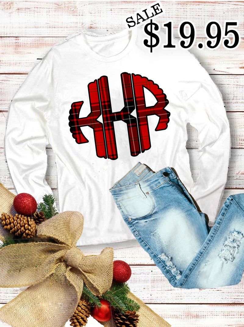 Red Plaid Monogram Long Sleeve Shirt: White