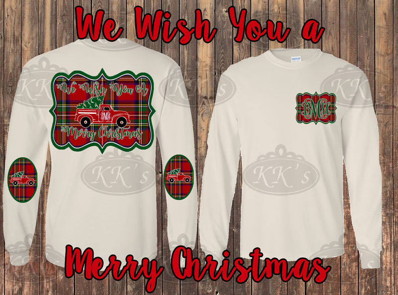 We Wish You a Merry Christmas Monogram Elbow Patch Long Sleeve Shirt: Nuetral/Plaid