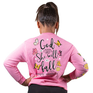 Simply Southern Long Sleeve Tshirt: God & Butterfly/Flamingo YOUTH