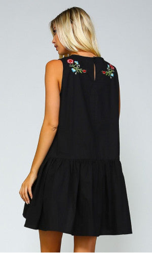 Sleeveless Black Embroidered Flower Tunic
