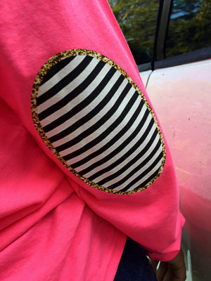 Glam Deer Elbow Patch Long Sleeve Shirt: Hot Pink/Gold Glitter