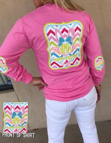 Happy Easter Monogram Elbow Patch Shirt: Azalea Pink