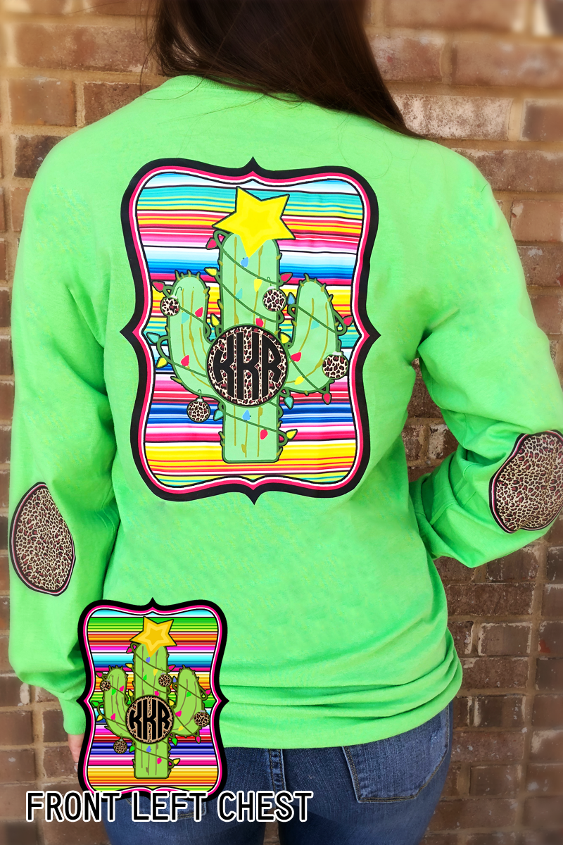 Christmas Cactus: Serape/ Cheetah Monogram Elbow Patch Long Sleeve Tee