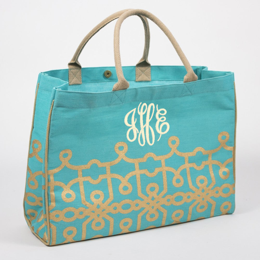 Geometric Monogram Jute Tote: Aqua/GOLD