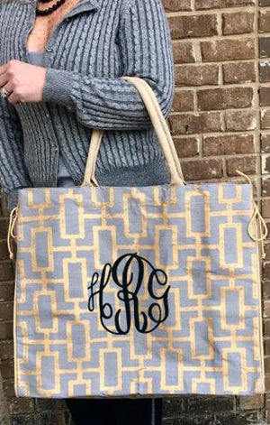 Geometric Monogram Jute Tote: Grey/GOLD