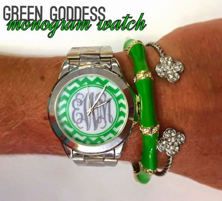 Monogram Chevron Watch: Green & White