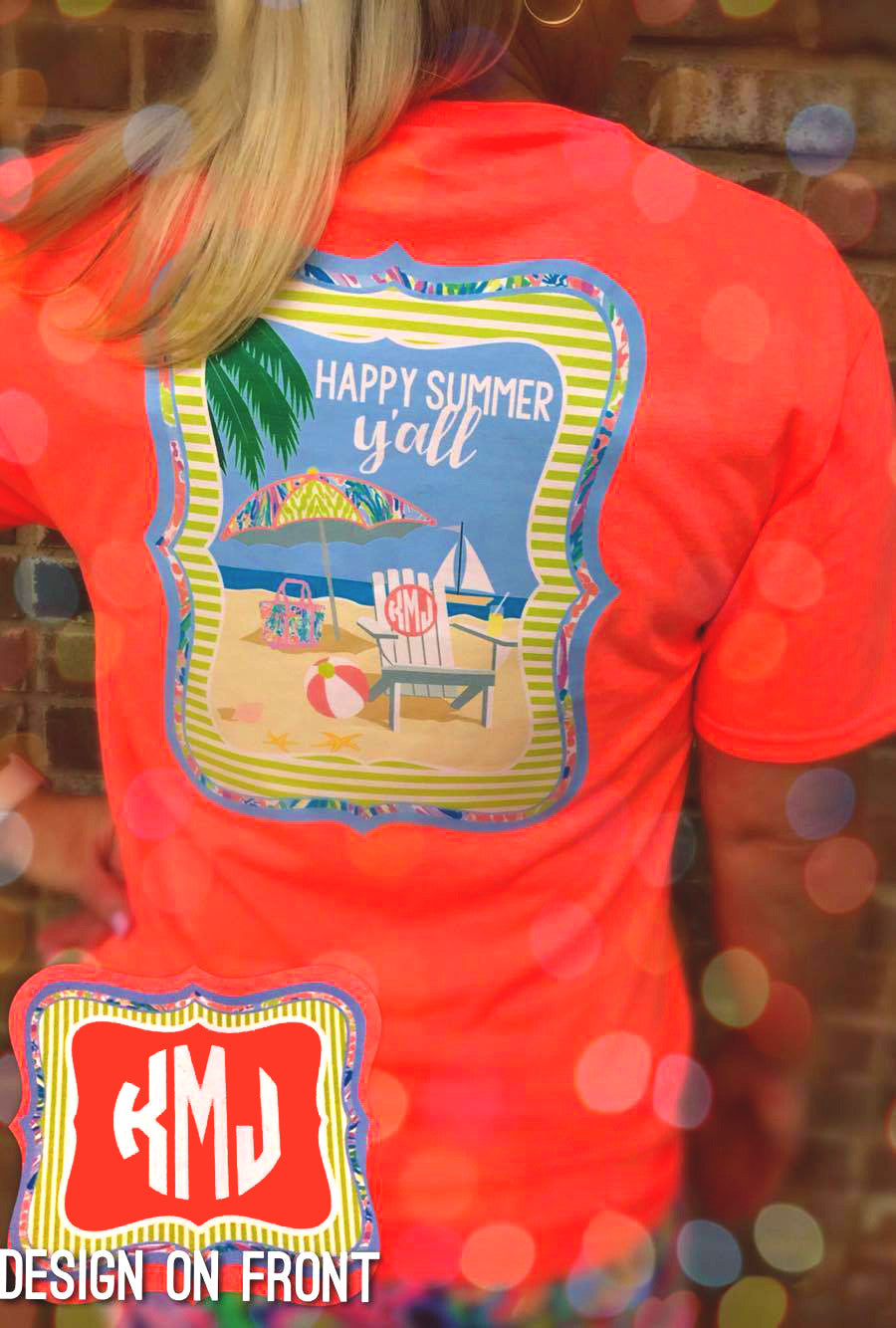 Happy Summer Y'all Monogram Tshirt: Neon Coral