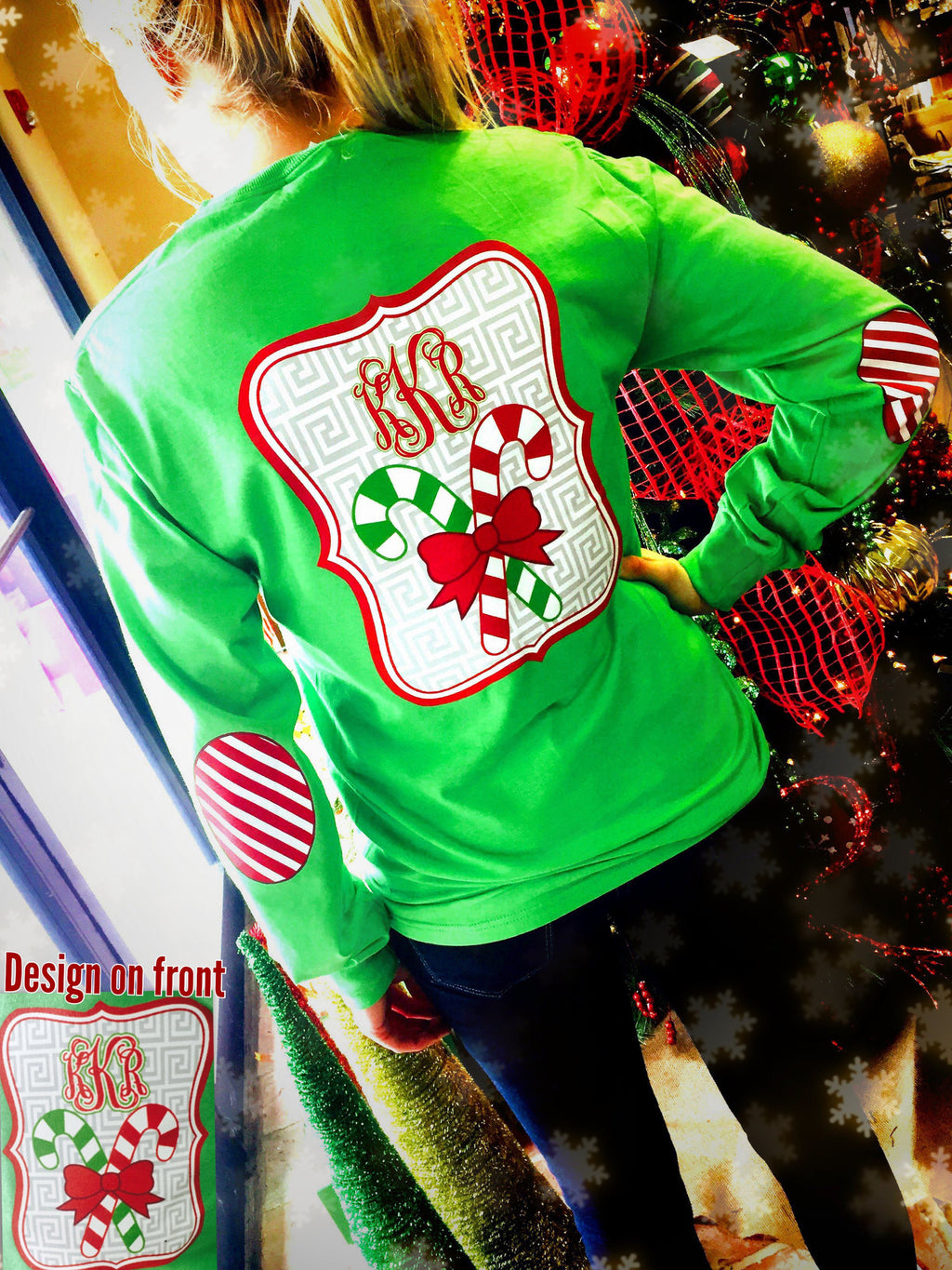 Candy Cane Christmas Elbow Patch Long Sleeve Shirt: Lime/Candy Canes