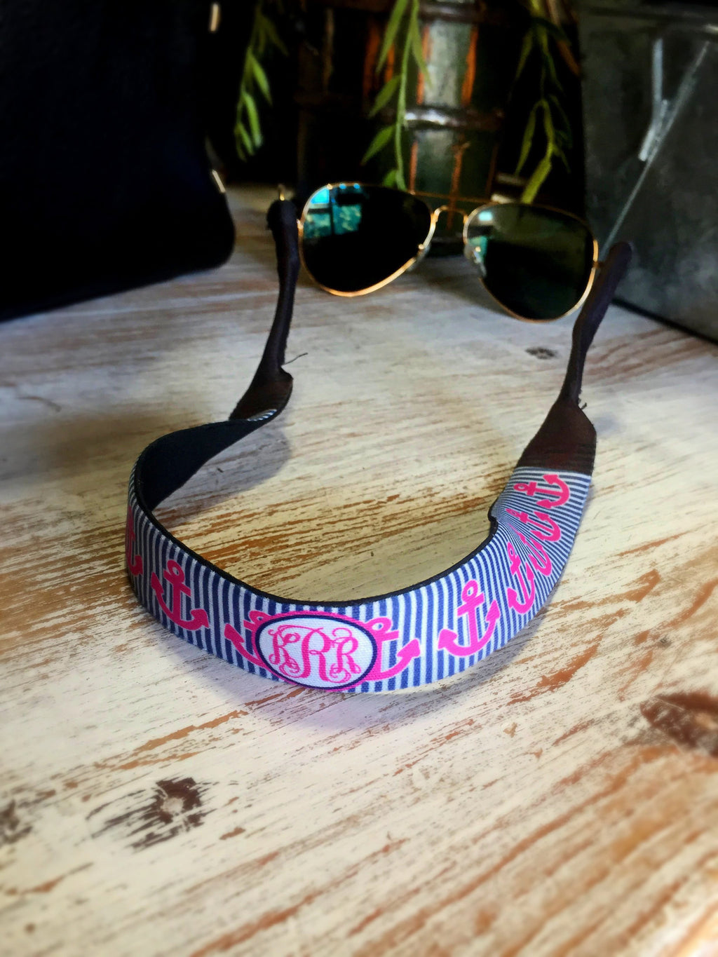 Monogram Croakie: Navy Seersucker Pink Anchors