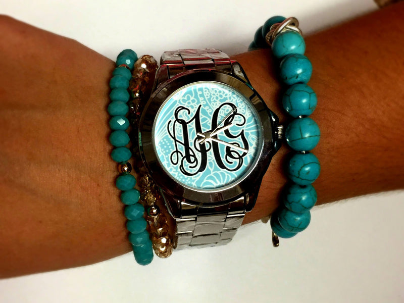 Aqua Curly Cues Watch: Black Monogram